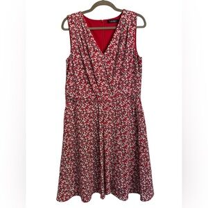 Lauren Ralph Lauren Black Label Red Blue Floral Crepe Dress SZ 12 V-Neck Midi